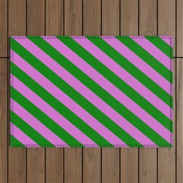 [ Thumbnail: Green and Orchid Colored Lined Pattern Outdoor Rug ]