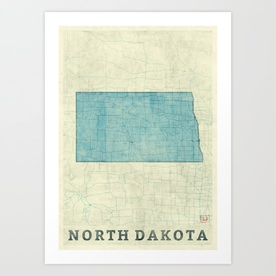 North Dakota State Map Blue Vintage Art Print