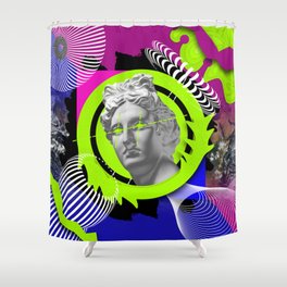 Contemporary art collage with plaster head statue isolated on bright multicolored geometric background. Modern design. Line art. Surrealism. Modern unusual art. Neon colors Shower Curtain