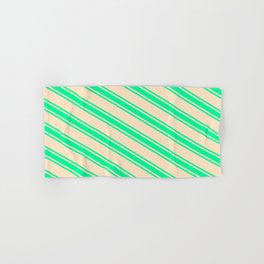 [ Thumbnail: Bisque & Green Colored Lines Pattern Hand & Bath Towel ]