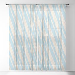 [ Thumbnail: Beige & Light Blue Colored Striped Pattern Sheer Curtain ]