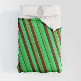 [ Thumbnail: Green, Lime Green & Dark Red Colored Stripes/Lines Pattern Comforter ]