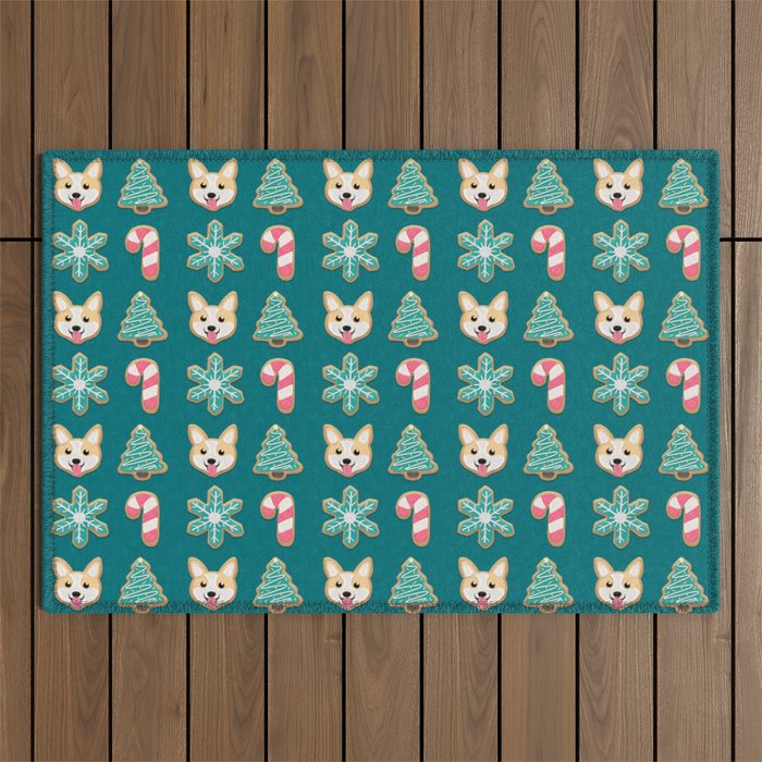 Holiday Cookies - Corgi, Christmas Tree, Snowflake and Candy Cane, Sweet and Cute Festive Pattern in Teal Green, Pink and Beige Outdoor Rug