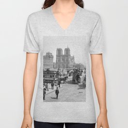 1898 Pont Saint-Michel and Cathédrale Notre Dame, Paris, France street scene historical black and white photograph - photography - photographs V Neck T Shirt