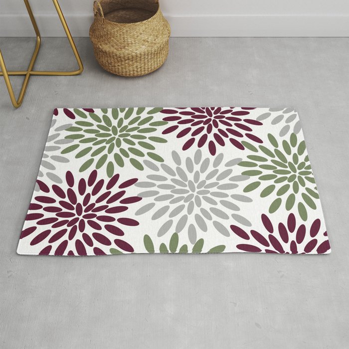 Floral Petals in Sage Green, Wine Red and Grey Rug