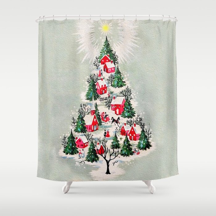 Vintage Christmas Tree Village Shower Curtain
