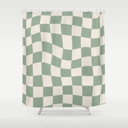 Sage Green Wavy Checkered Pattern Shower Curtain
