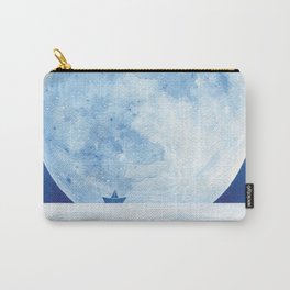 Full moon & paper boat Carry-All Pouch | Painting, Adventure, Travel, Design, Illustration, Blue, Moon, Water, Night, Ocean 