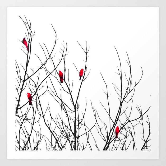 Artistic Bright Red Birds on Tree Branches Kunstdrucke