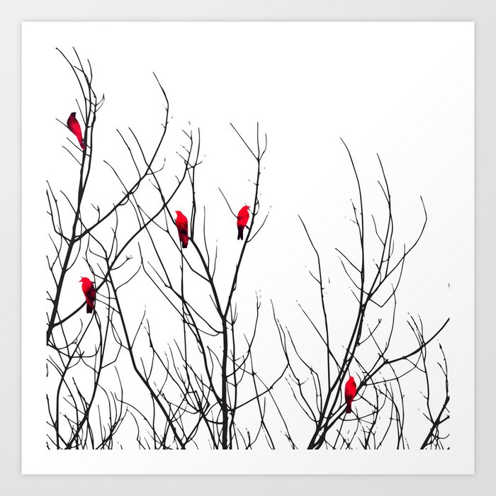 Artistic Bright Red Birds on Tree Branches Kunstdrucke Artistic Bright Red Birds on Tree Branches Kunstdrucke