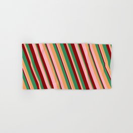 [ Thumbnail: Brown, Light Pink, Dark Red, and Sea Green Colored Lines/Stripes Pattern Hand & Bath Towel ]