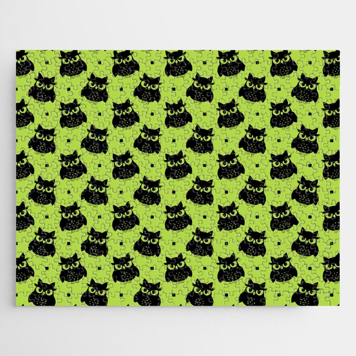Black Cute Owl Seamless Pattern on Green Background Jigsaw Puzzle