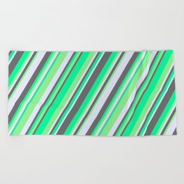 [ Thumbnail: Green, Light Green, Lavender, and Dim Gray Colored Stripes/Lines Pattern Beach Towel ]