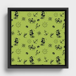 Light Green And Blue Silhouettes Of Vintage Nautical Pattern Framed Canvas