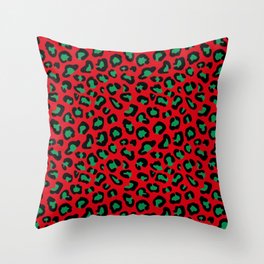Christmas Leopard Print Black and Green on Red Throw Pillow