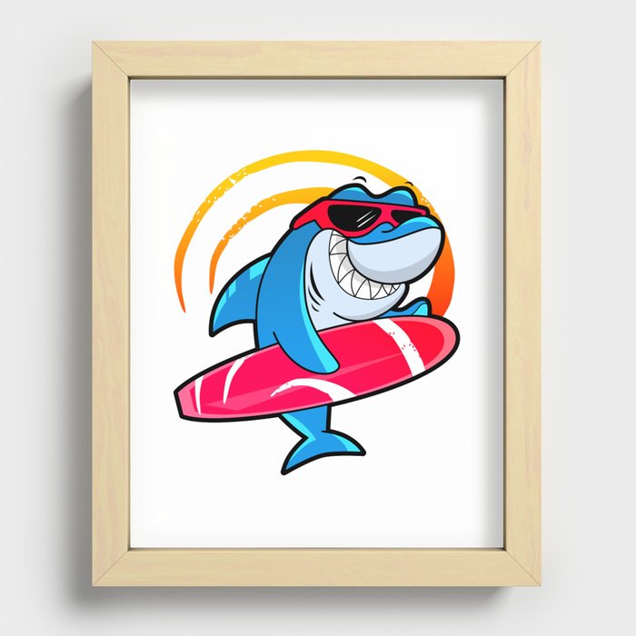 Surfer Shark Cartoon Recessed Framed Print