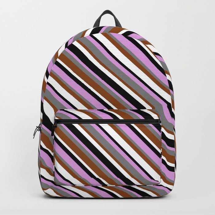 Eyecatching Plum, Grey, Brown, White & Black Colored Striped/Lined Pattern Backpack