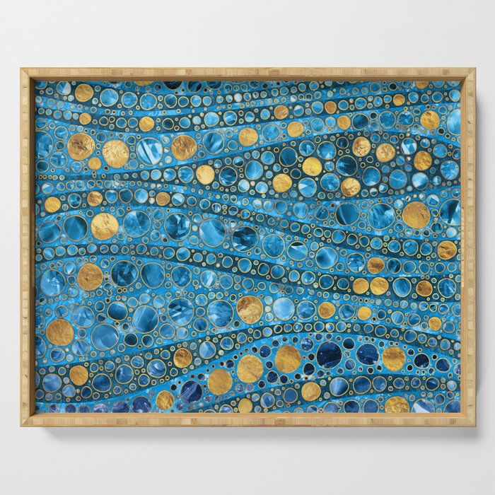 Dot Art Waves - Blue Gemstone and Gold Serving Tray