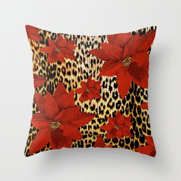 Animal Print Leopard and Red Poinsettia Throw Pillow