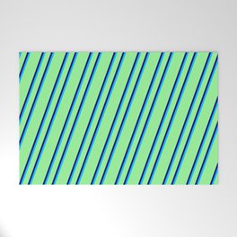 [ Thumbnail: Green, Blue & Deep Sky Blue Colored Stripes Pattern Welcome Mat ]