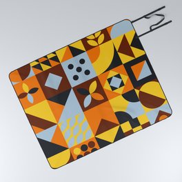 Mid Century Modern Geometric Checkers Pattern | Marigold yellow, Blue, Orange, Brown & Black Picnic Blanket