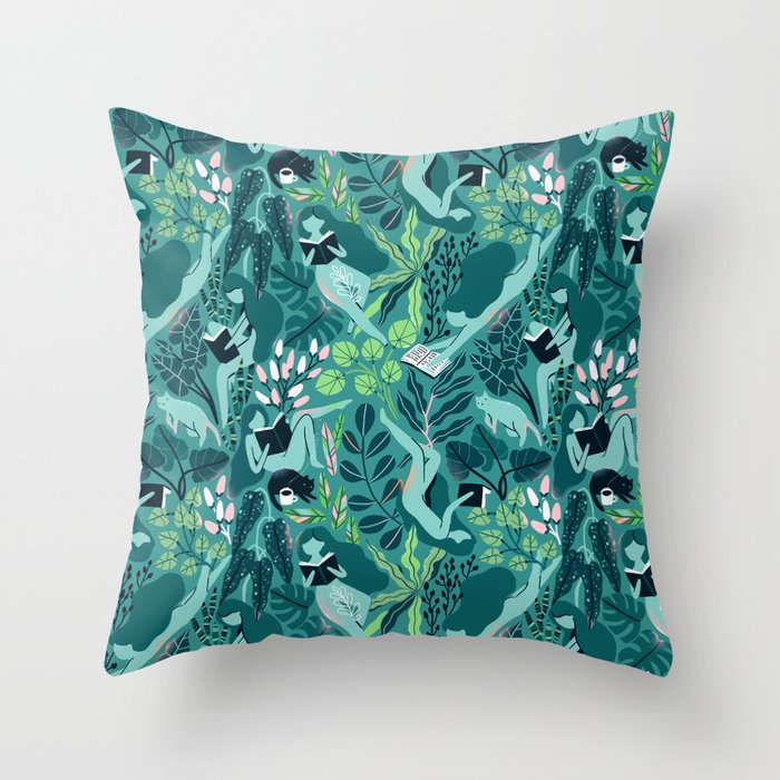 Reading girls among the plants with cats Throw Pillow