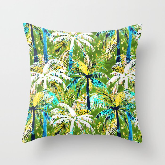 Coconut palm tree pattern on green Throw Pillow
