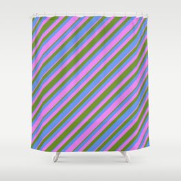 [ Thumbnail: Green, Cornflower Blue & Violet Colored Striped Pattern Shower Curtain ]