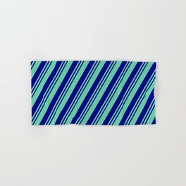 [ Thumbnail: Aquamarine and Blue Colored Lined Pattern Hand & Bath Towel ]