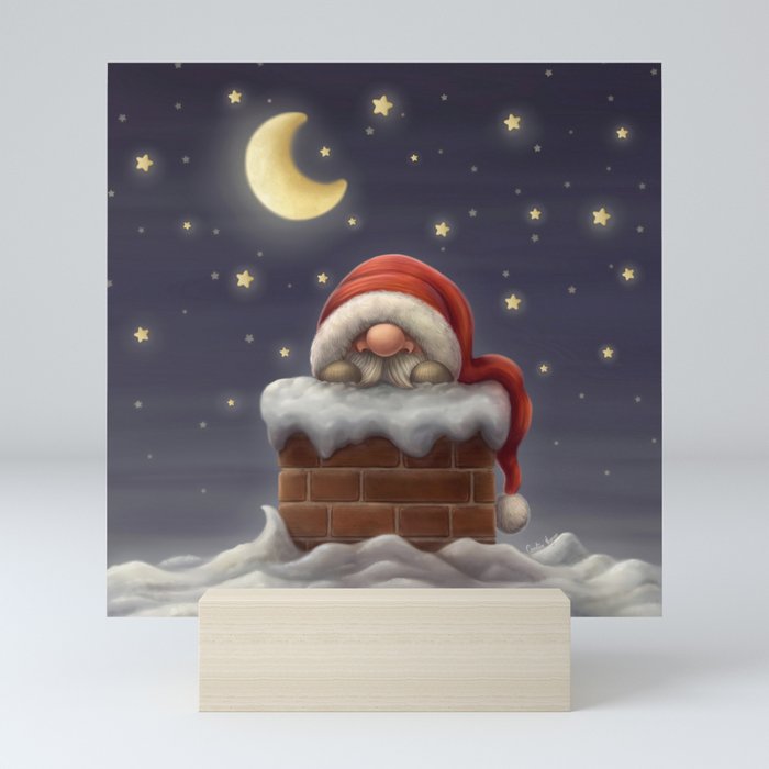 Little Santa in a chimney Mini Art Print