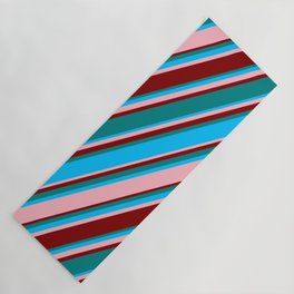 [ Thumbnail: Teal, Deep Sky Blue, Light Pink, and Maroon Colored Striped Pattern Yoga Mat ]