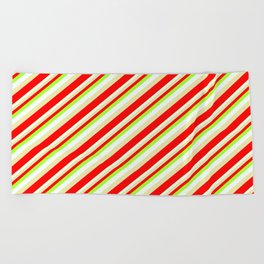 [ Thumbnail: Light Green, Mint Cream, Pale Goldenrod & Red Colored Stripes/Lines Pattern Beach Towel ]