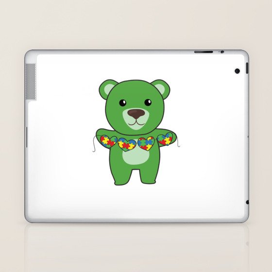 Autism Awareness Month Puzzle Heart Green Bear Laptop & iPad Skin