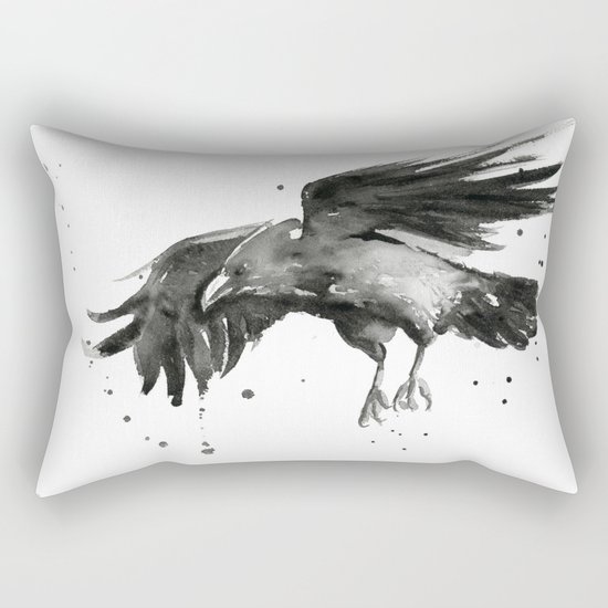 Raven Watercolor Bird Painting Black Animals Rectangular Pillow