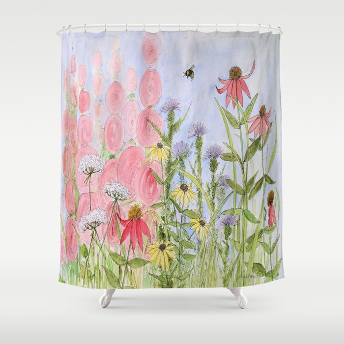 Botanical Floral Watercolor Pink Blue Yellow Flowers Blue Skies Shower Curtain