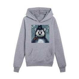 Portrait of a Badger in the Winter Snow Kids Pullover Hoodies