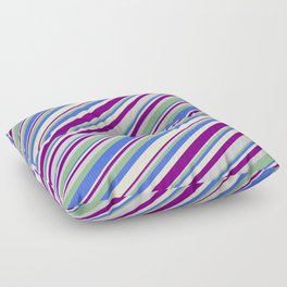 [ Thumbnail: Colorful Light Grey, Dark Sea Green, Royal Blue, Light Yellow & Purple Colored Lined/Striped Pattern Floor Pillow ]