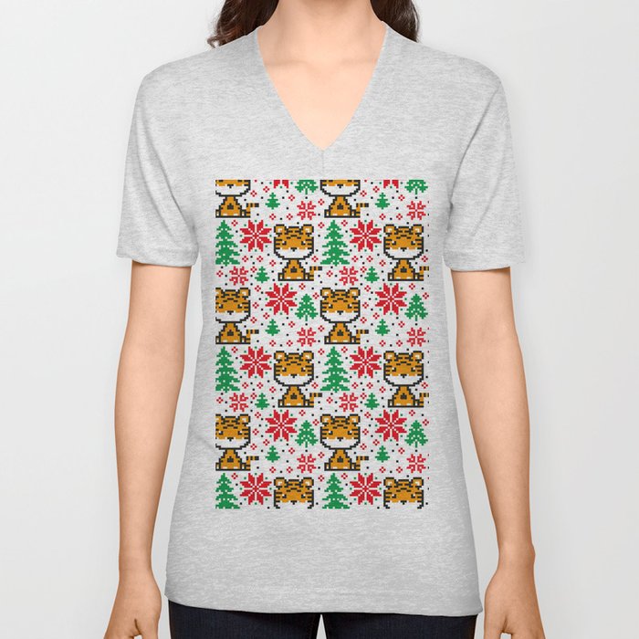 Knitted Christmas and New Year Pattern in Tiger. Wool Knitting Sweater Design.  V Neck T Shirt