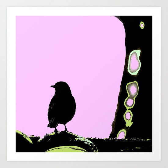 Spring mood - singing bird - black bird on a pink background Art Print