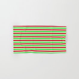 [ Thumbnail: Christmas Themed Red, White & Green Colored Lined/Striped Pattern Hand & Bath Towel ]