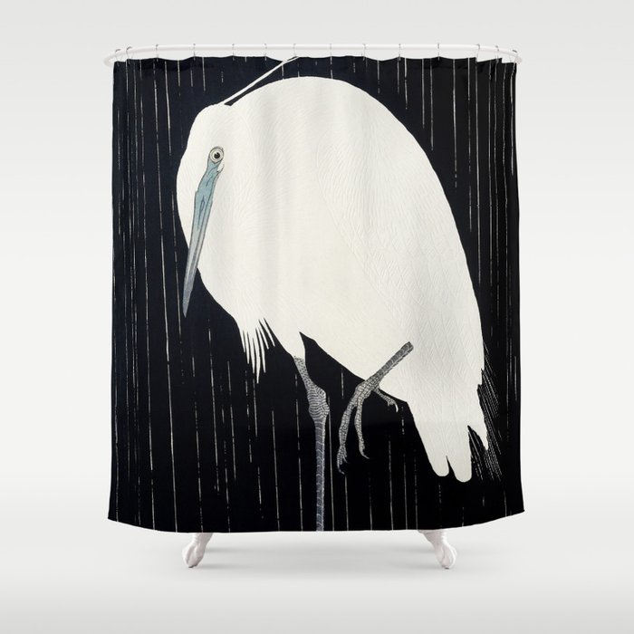 Egret standing in rain - Japanese vintage woodblock print Shower Curtain