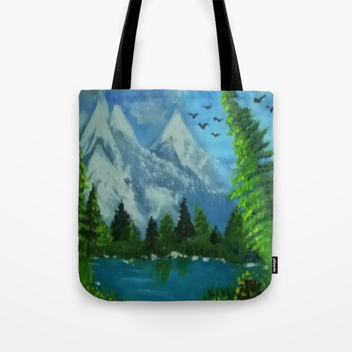 Snow mountain and greens nature arcylic Tote Bag