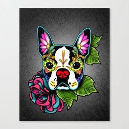 Boston Terrier in Black - Day of the Dead Sugar Skull Dog Canvas Print