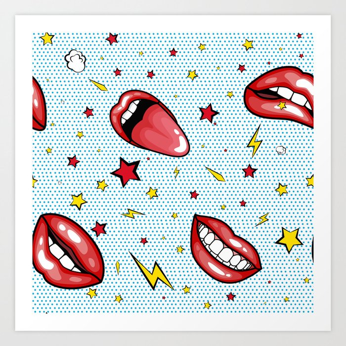 Seamless pattern cartoon comic super speech bubble labels with text, sexy open red lips with teeth, retro pop art illustration, halftone dot vintage effect background Art Print