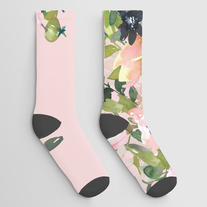 Boho, Vintage, Floral Watercolor, Pink Roses Socks