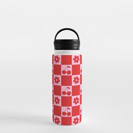 Cherry Flowers Pink & Red Checker Water Bottle