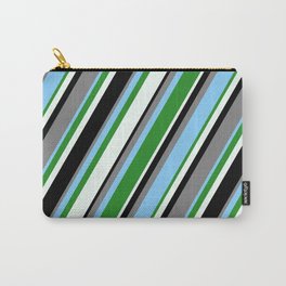 [ Thumbnail: Gray, Light Sky Blue, Forest Green, Mint Cream & Black Colored Striped Pattern Carry-All Pouch ]