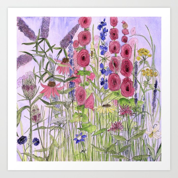 Watercolor Wildflower Garden Flowers Hollyhock Teasel ...