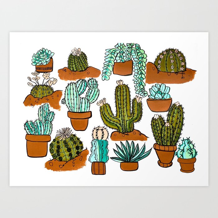 Cute 90’s Cacti - Retro Cactus Flower Print Art Print