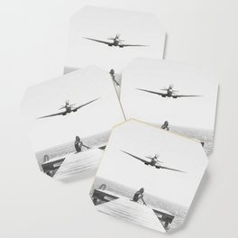 Steady As She Goes; aircraft coming in for an island landing black and white photography- photographs Coaster